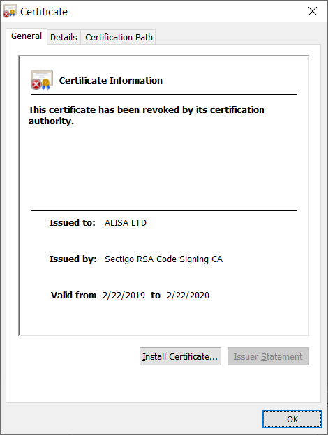 Image of malware signing certificate