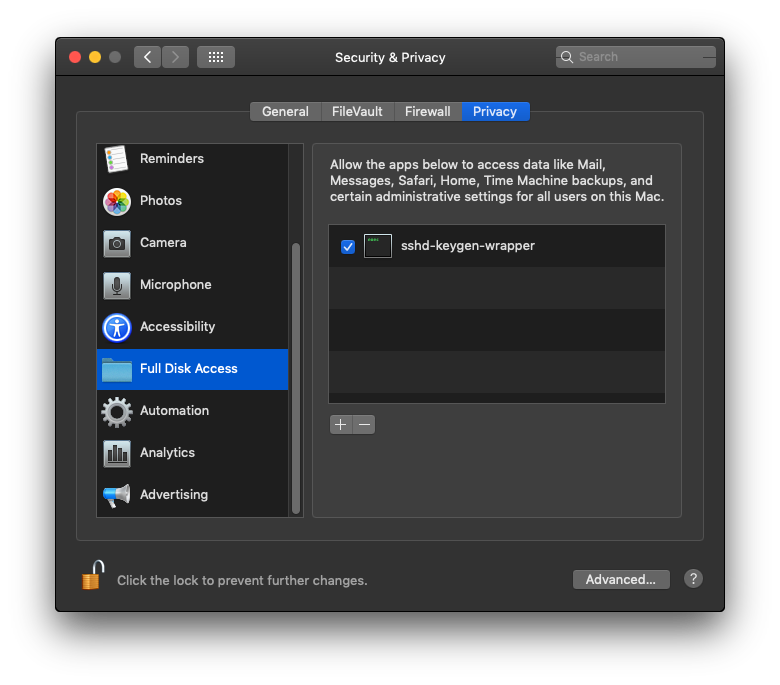 A screenshot image of Mojave's security & privacy full disk access folder displaying sshd-keygen-wrapper checked in the list of items
