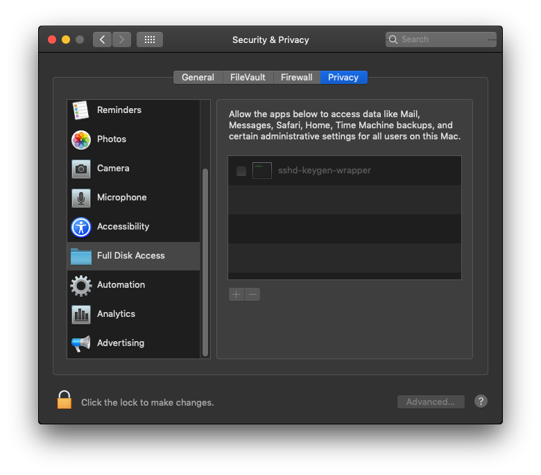 The same screenshot image of Mojave's security & privacy full disk access folder displaying sshd-keygen-wrapper in the list of items without it being checked