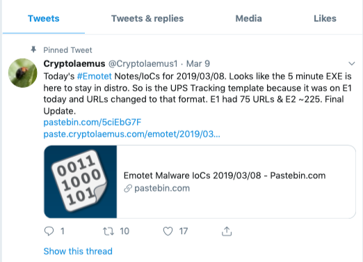 screen shot of emotet daily updates