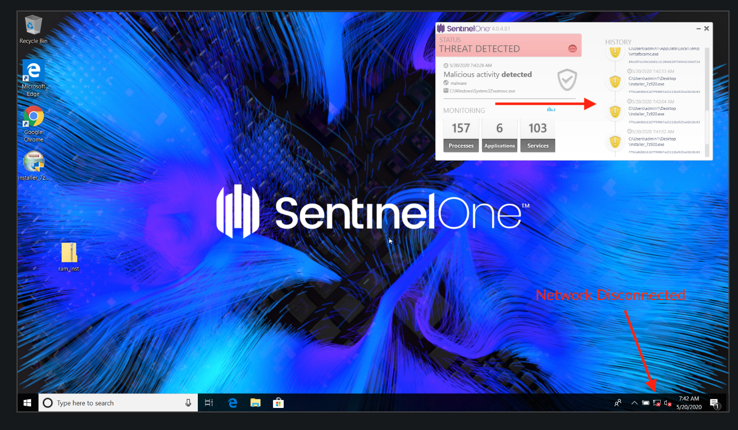image of SentinelOne protecting device with no network connection