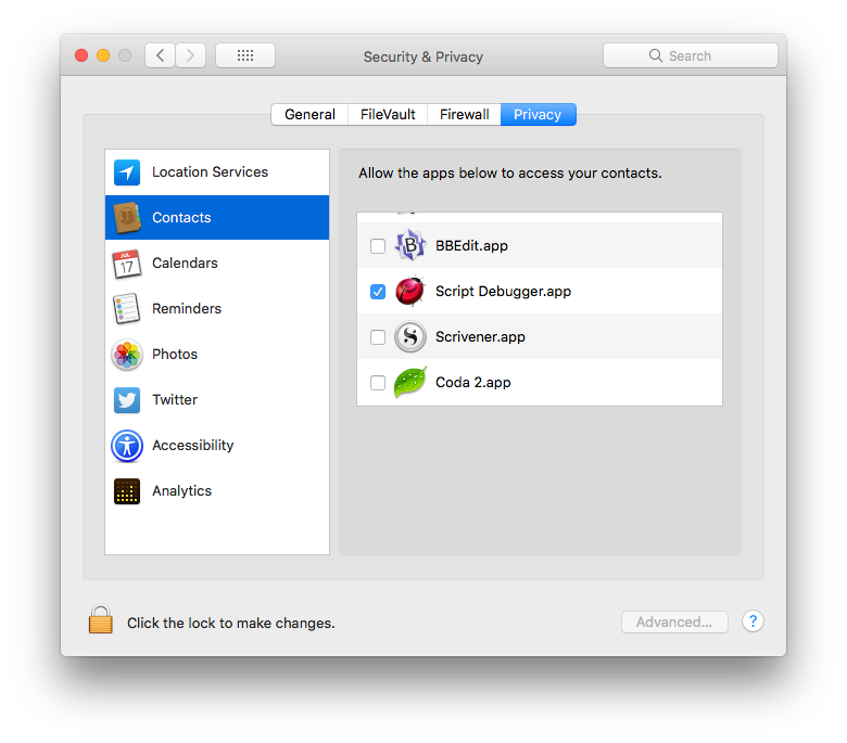 A screenshot image of the Privacy tab in macOS 10.13 High Sierra
