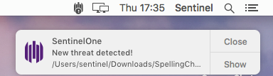 A screenshot image of SentinelOne's pop up displaying "new threat detected!" alert