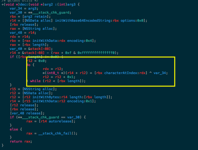 A screenshot image of Hopper's source code displaying the pseudo-code for the decryption method