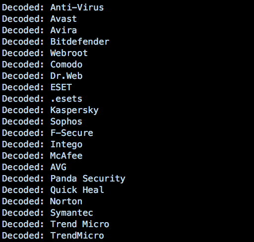A screenshot image of Legacy AntiVirus software displaying a list of de-obfuscated base64 strings