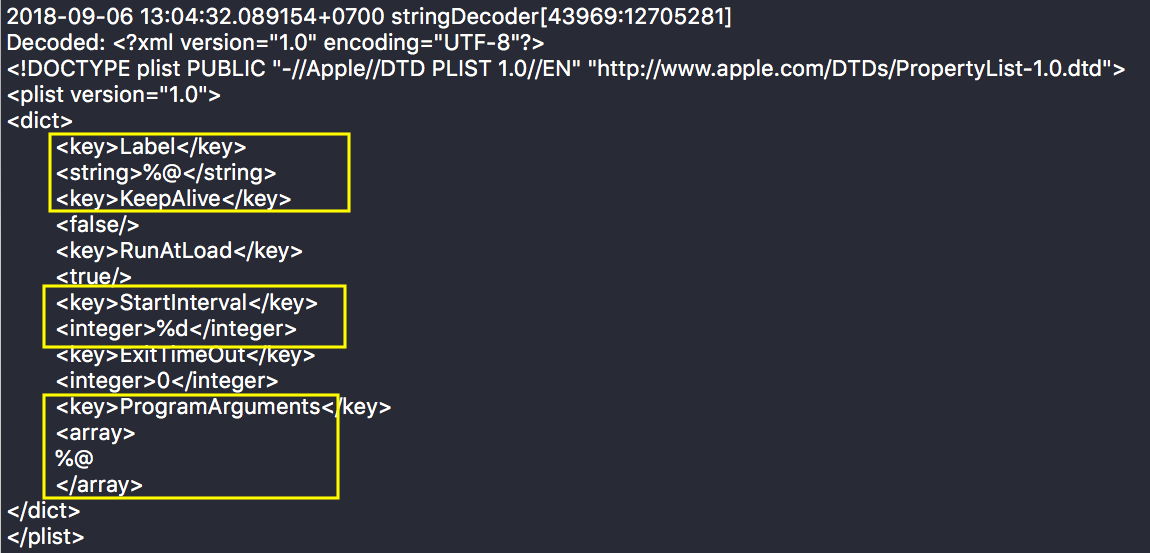 A screenshot source code image with yellow highlighted boxes around the installer's obfuscated base64 property list file 