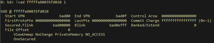 A source code image of the VAD describing the memory region containing 0cbad0b0b0, after being secured