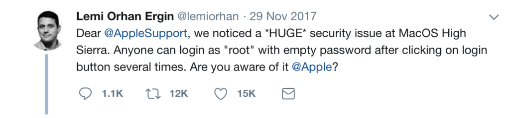 A Twitter screenshot of Lemi Orhan Ergin's tweet to Apple Support saying he found a huge computer safety issue with MacOS High Sierra.