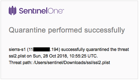Screenshot image of SentinelOne agent either blocking, kill or quarantining the threat successfully.