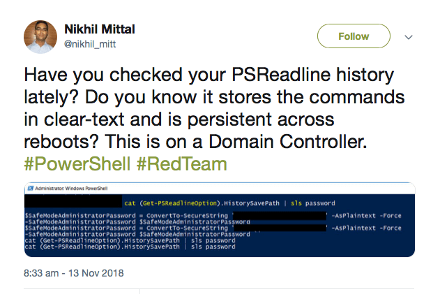 A screenshot image of a Tweet that Nikhil Mittal tweeted about PSReadline history in regards to Powershell. 