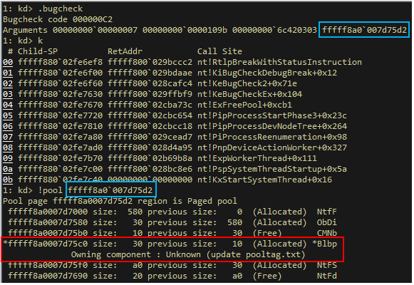 A screenshot of a pool allocation with tag “Blbp” that was allocated by Blbdrive.sys