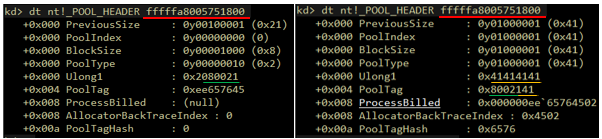 A screenshot of the header of the next pool block, before and after the overflow