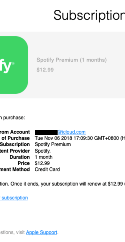 A fake Spotify phishing subscription confirmation from the app store