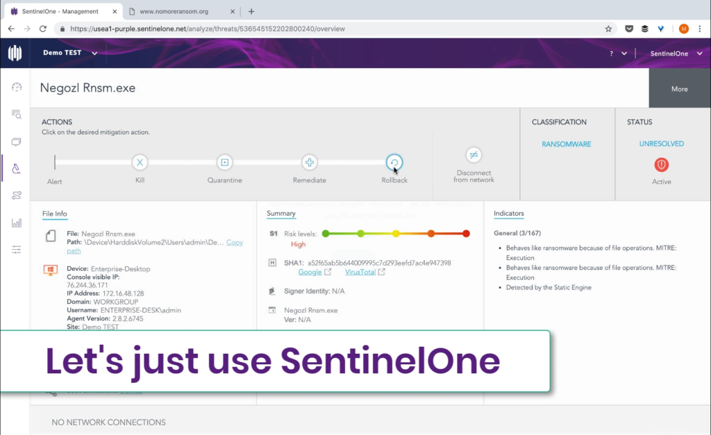 Screenshot of SentinelOne defeats Negozl ransomware
