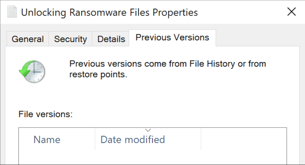 Screenshot of Previous files tab in Windows 10