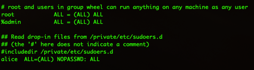 Screenshot of modifying the sudoers file