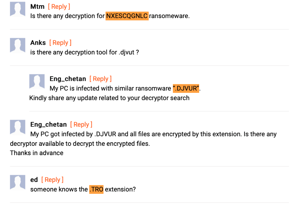 Screenshot of different ransomware extensions