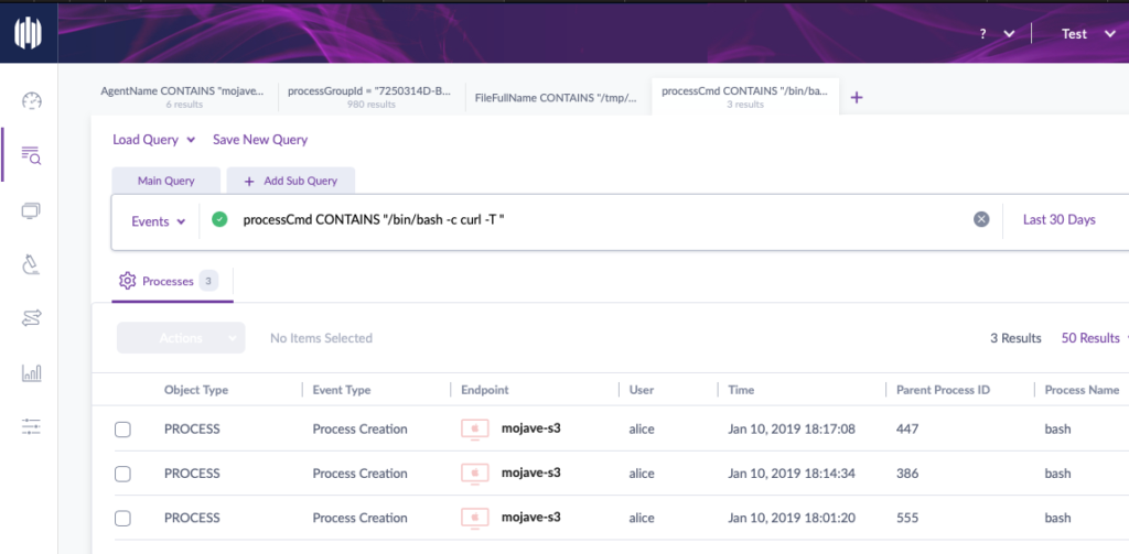 Screenshot of SentinelOne threat hunting