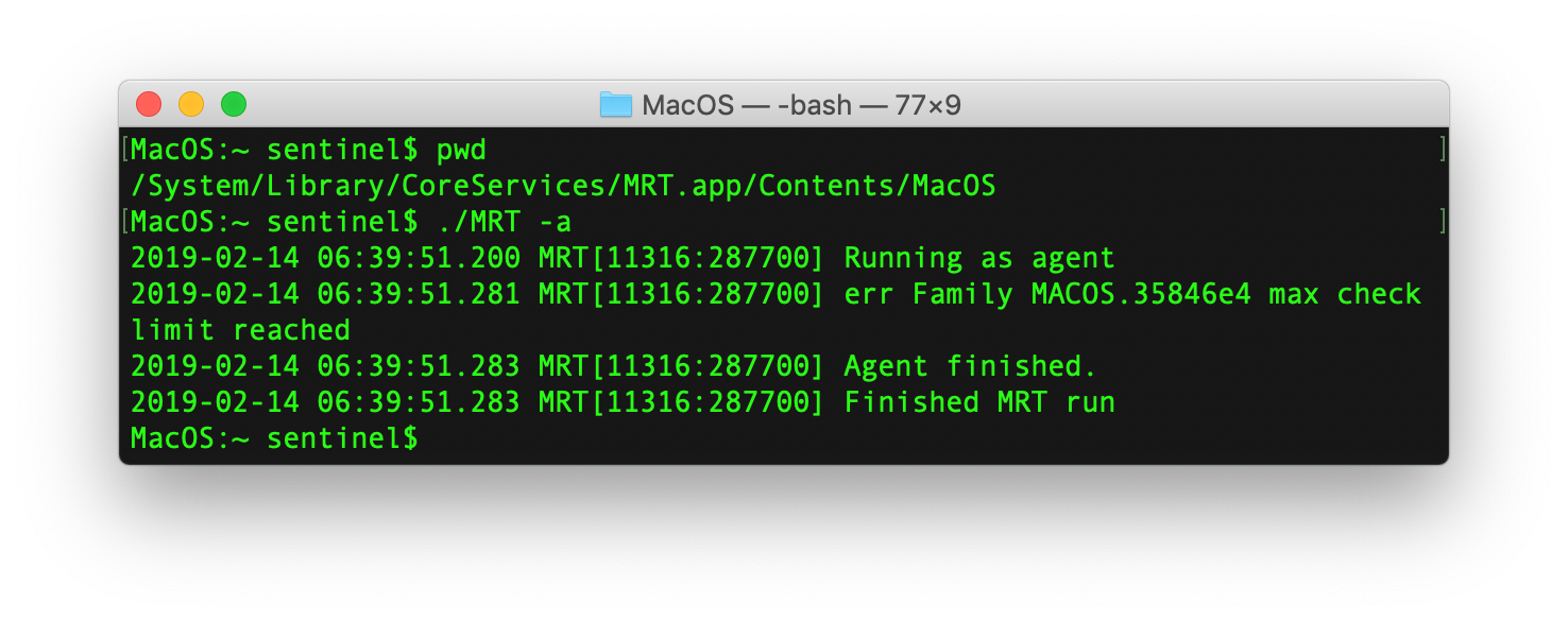 Screenshot of SentinelOne's MacOS trying to find MRT