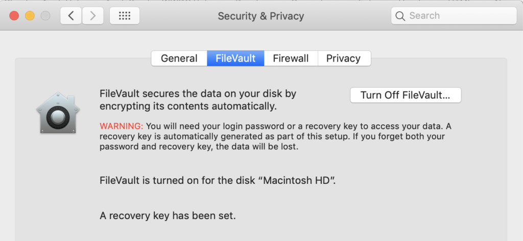 Image of Filevault on macOS