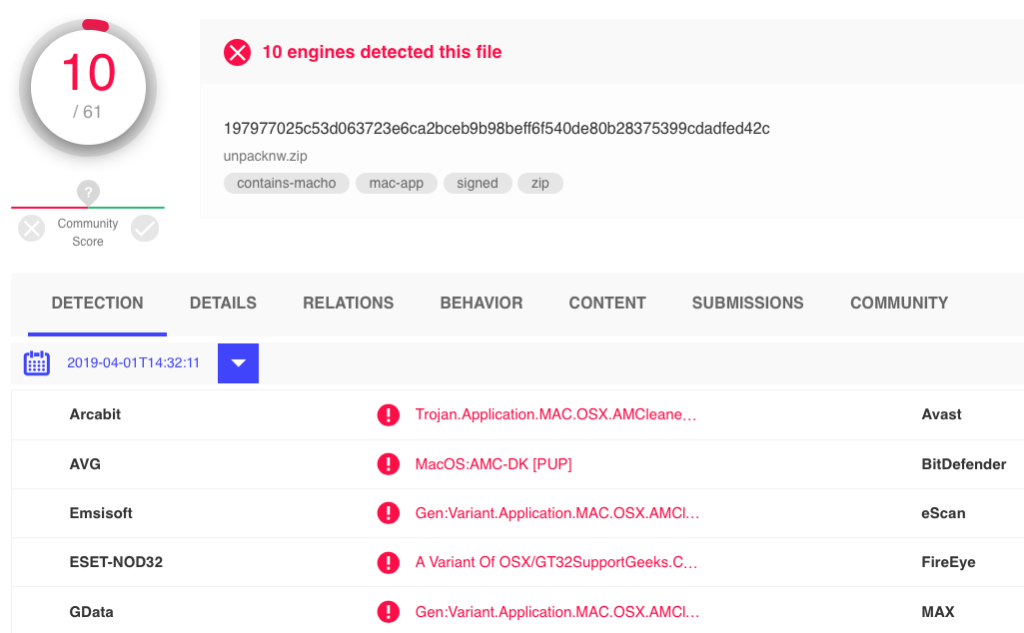 image of malware sample on VT