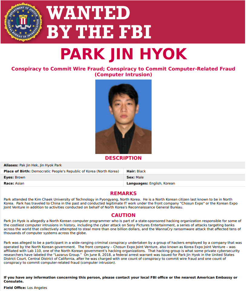 FBI wanted notice for one of the hackers of Lazarus Group, Pak Jin-hyok [es]