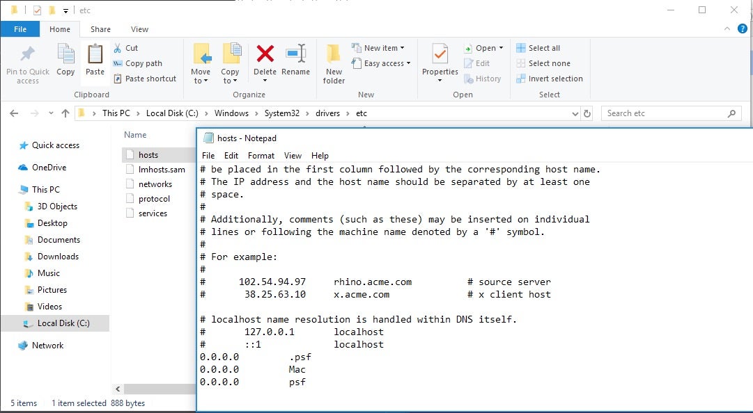 image of Windows hosts file