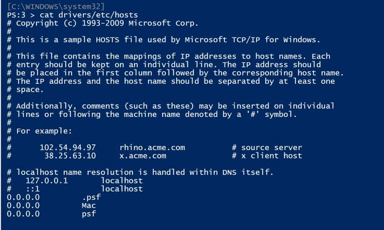 image of Windows hosts file in PowerShell