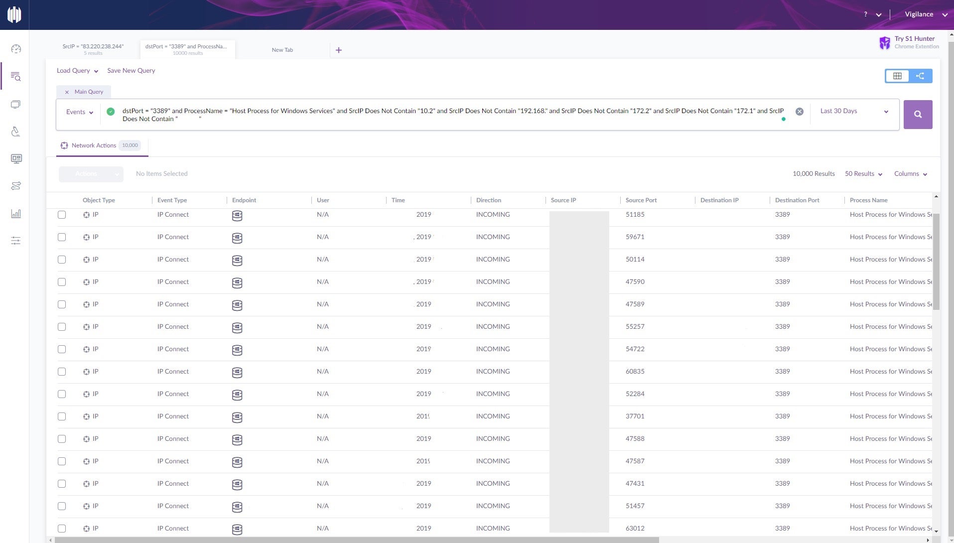 image of rdp attempts in sentinel one console