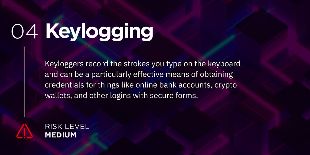 Keylogging: Keyloggers record strokes you type on a keyboard.
