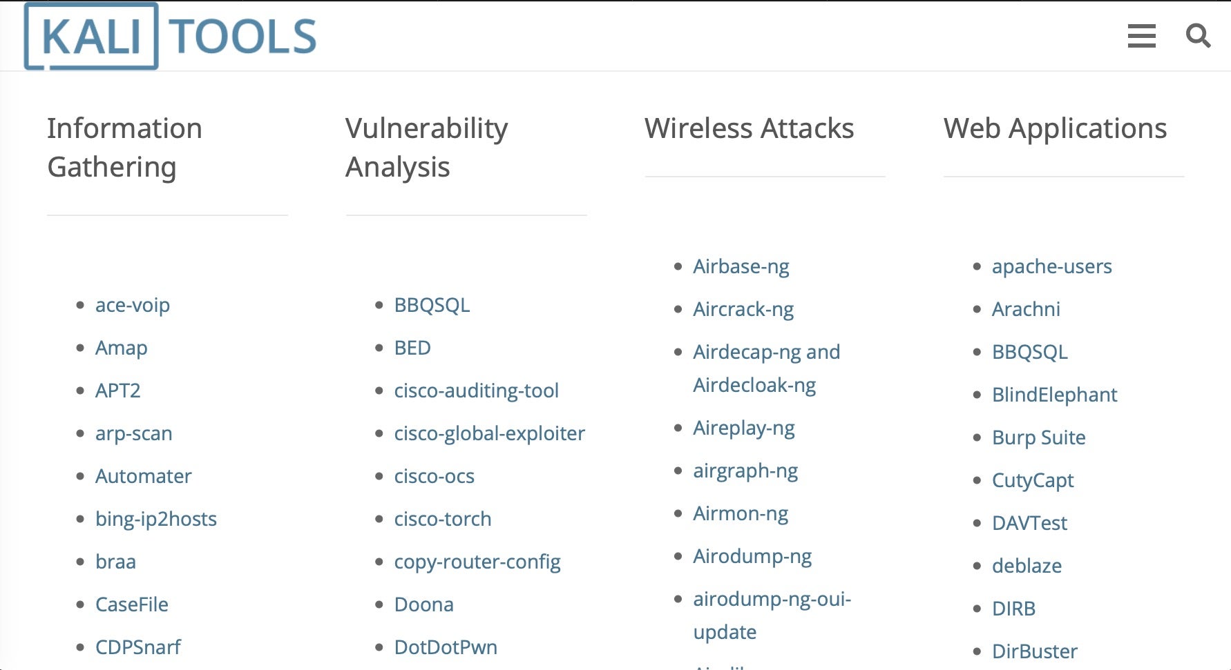 image of kali tools listing