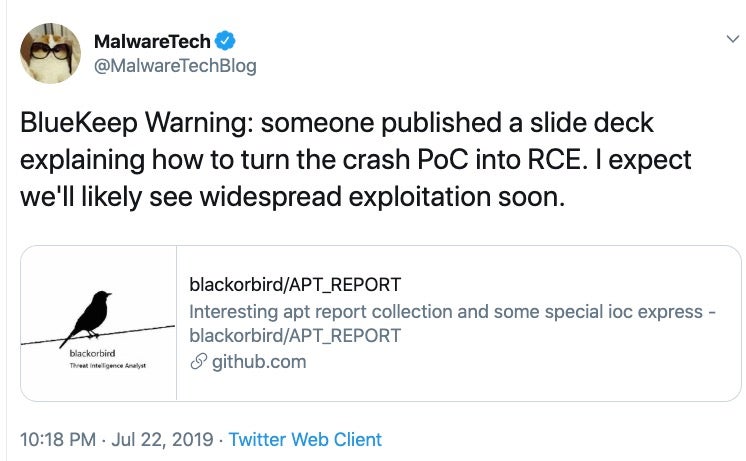 image of malwaretech tweet in regards to Bluekeep