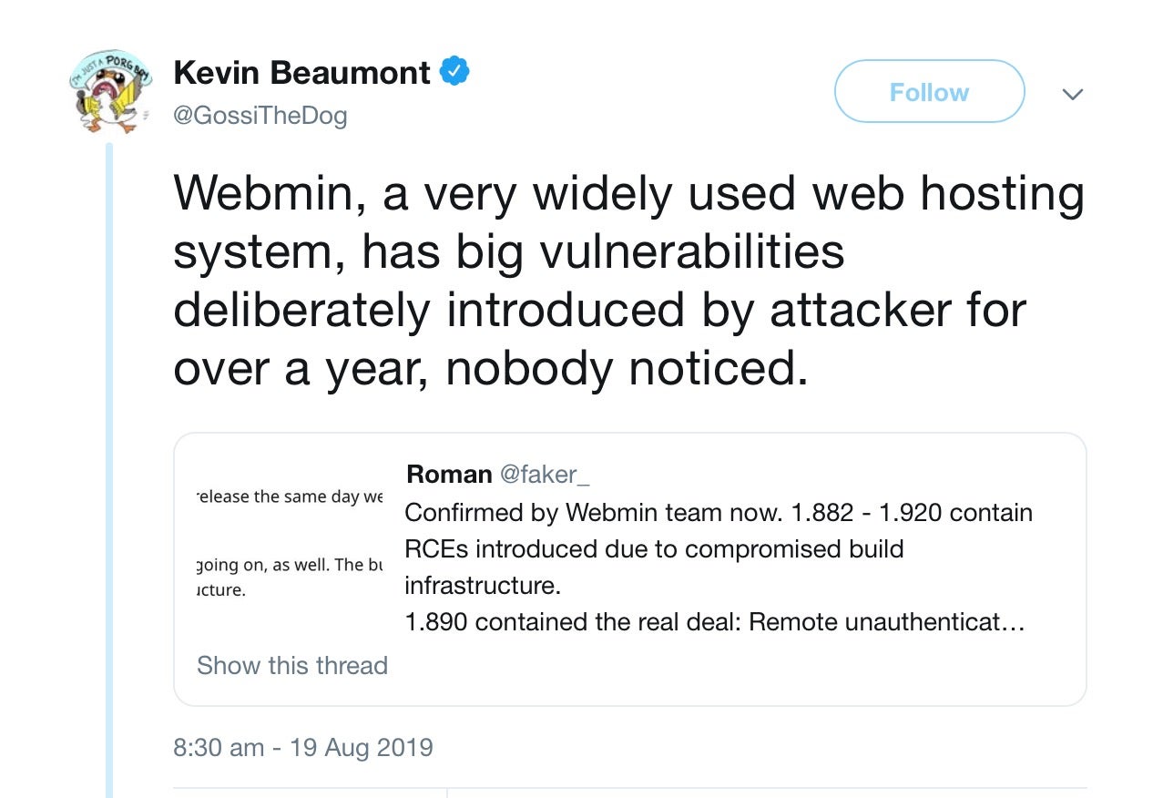 image of tweet about webmin vulnerability