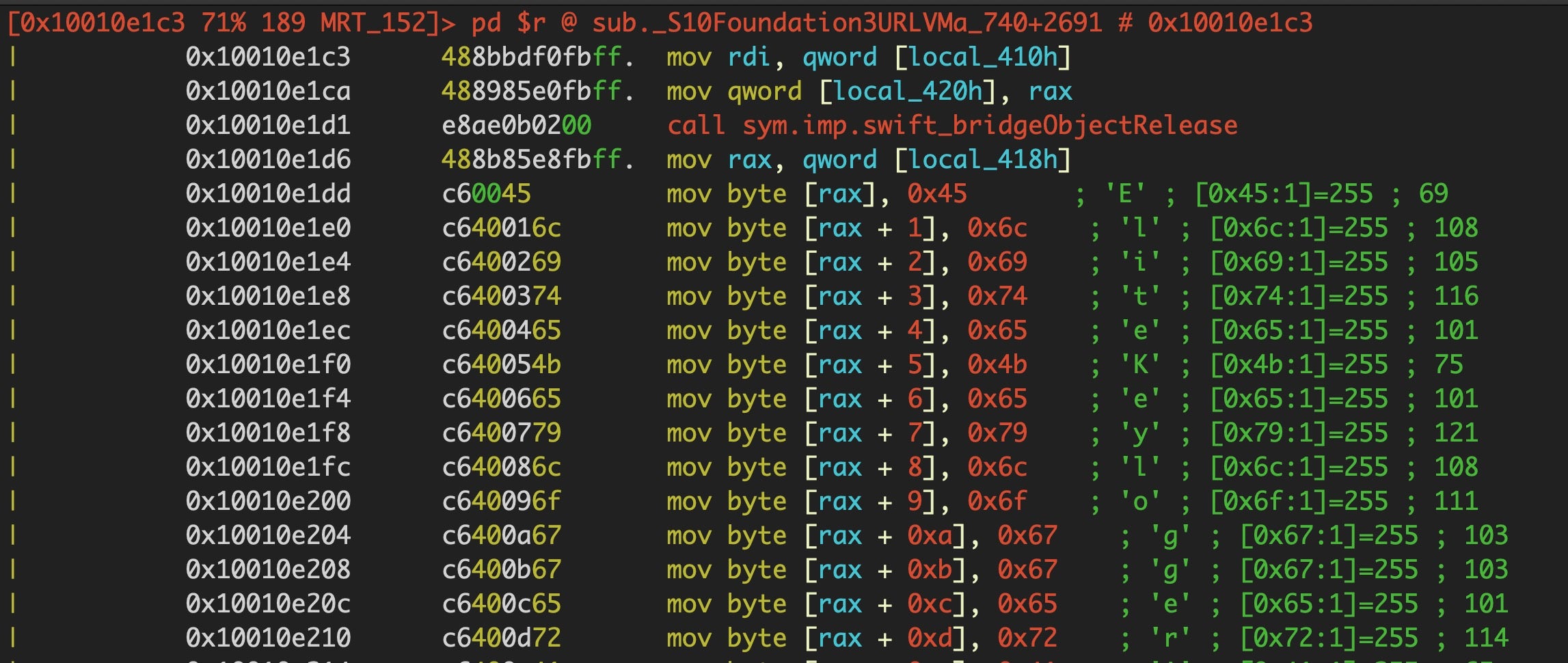 image of disassembly in r2