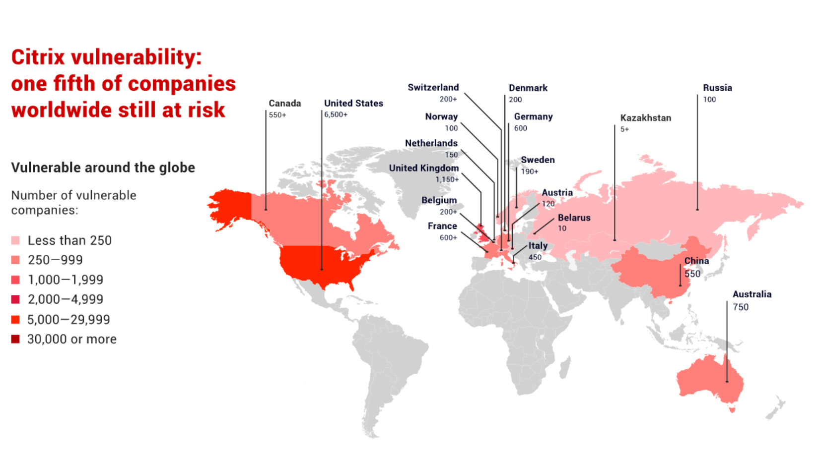 image of Shodan map of Citrix boxes exposed on the internet with CVE-2019-19781