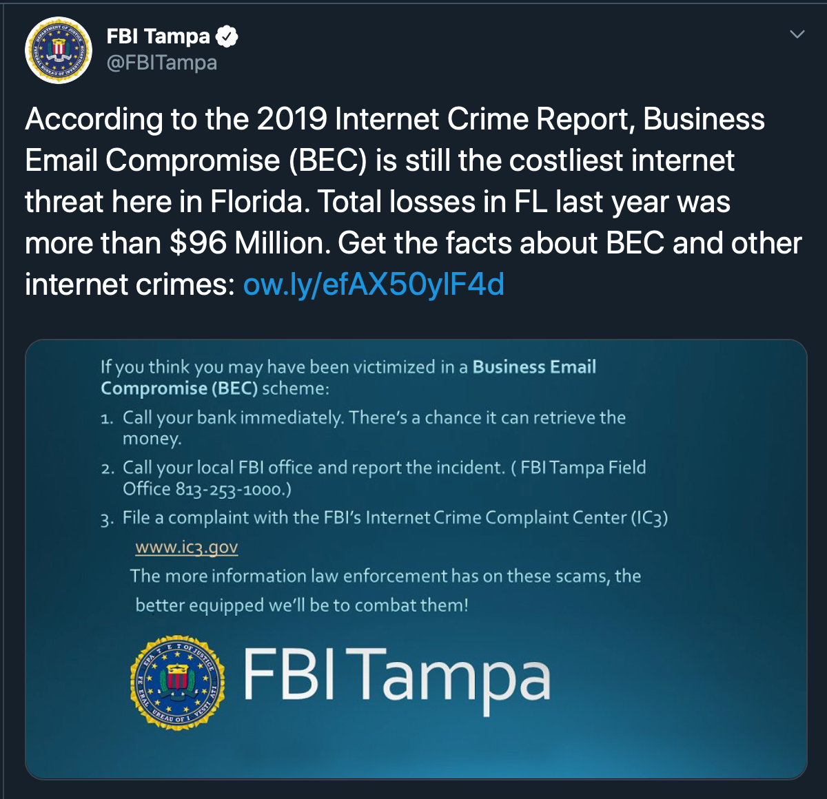 image of tweet of FBI Tampa Crime Report