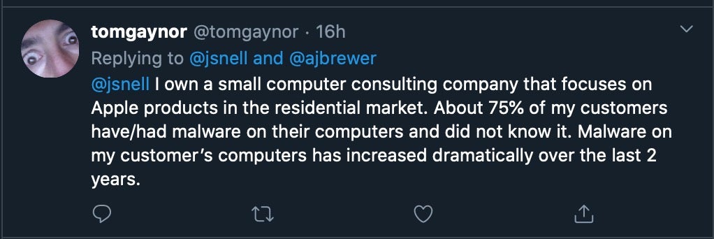 image of tweet stating macs get malware