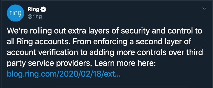 image of tweet of ring adding extra layers of security