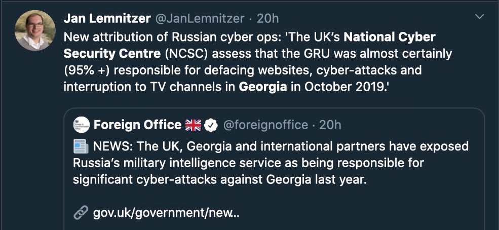 image of tweet stating Russian APT GRU behind attacks on Georgia