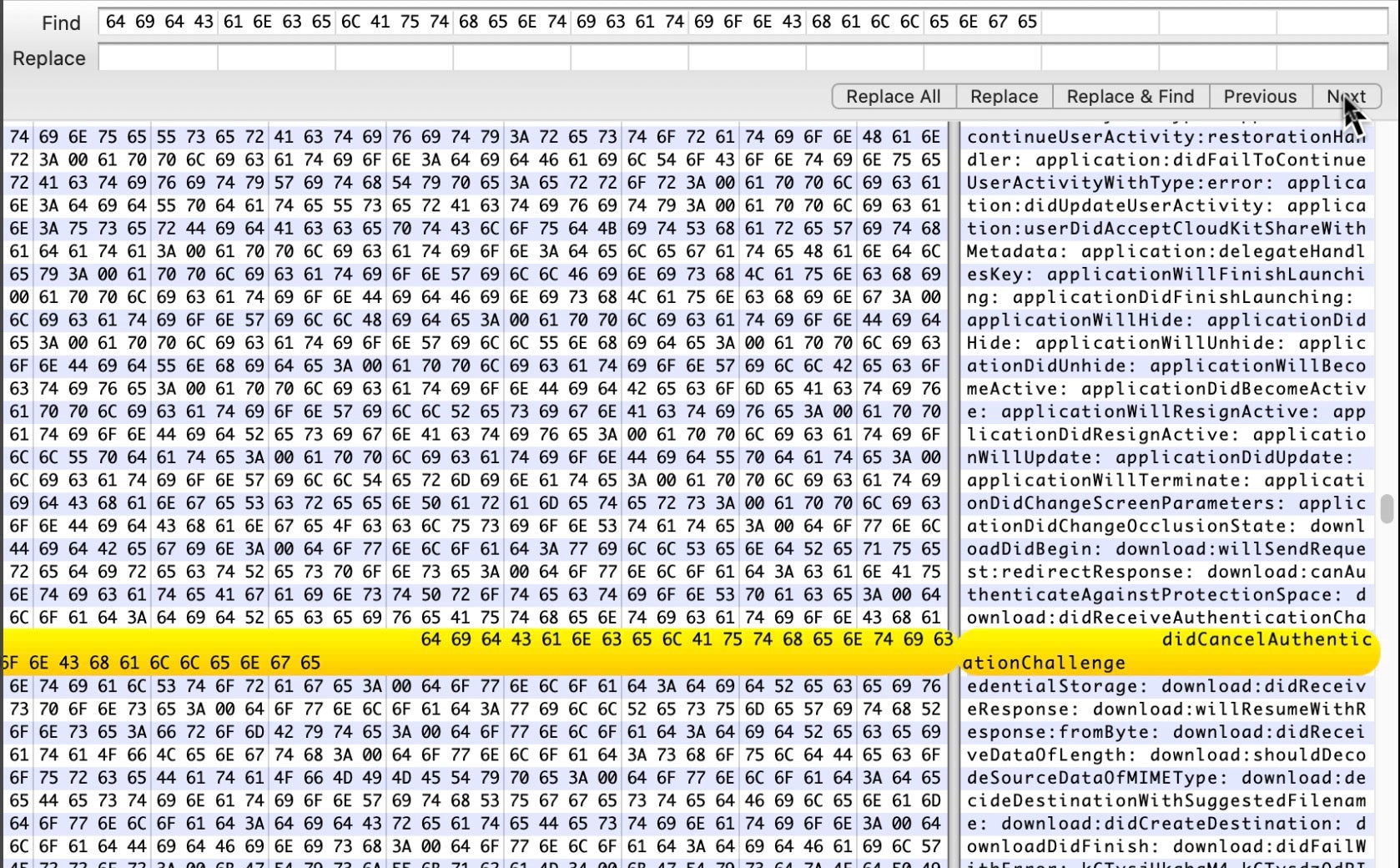 image showing finding a hex string in hex fiend application