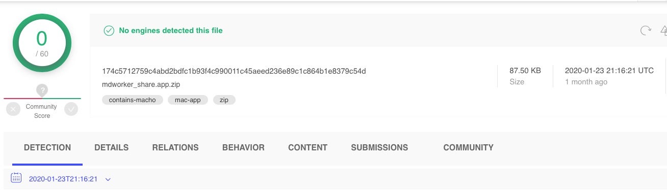 image of sample showing no detections on Virus Total malware repository site