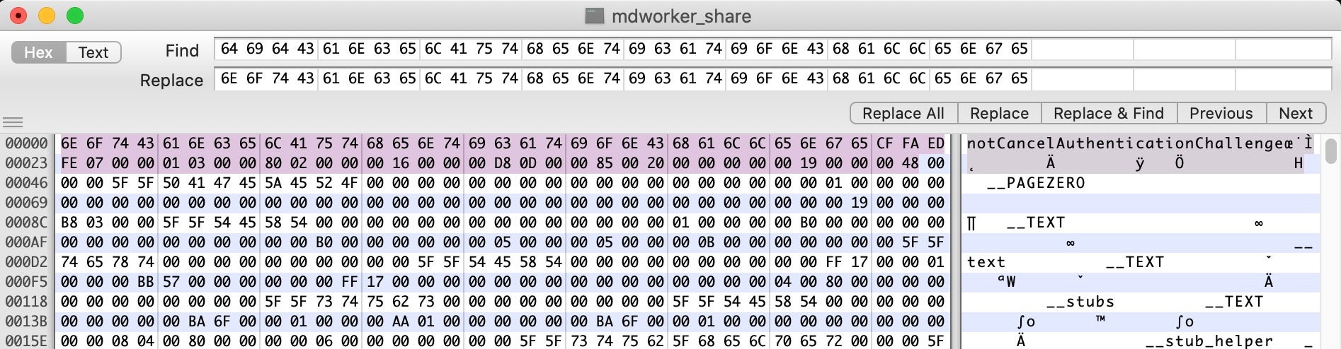 image of replace after find in hex fiend 