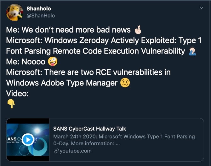 image of tweet about Windows RCE vulnerability