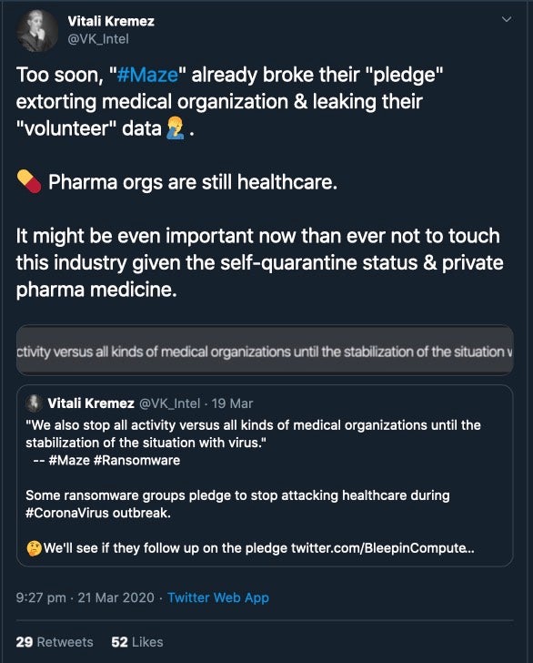 image of tweet from Vitali Kremez about Maze ransomware continuing to attack healthcare providers during COVID 19 pandemic
