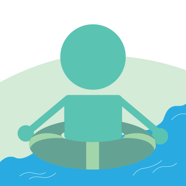Event stream processing signified by man on raft floating on stream