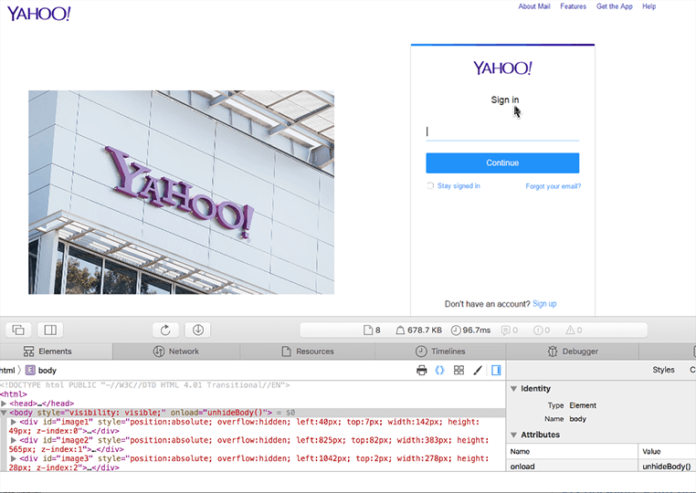 Screenshot image of a fake Yahoo