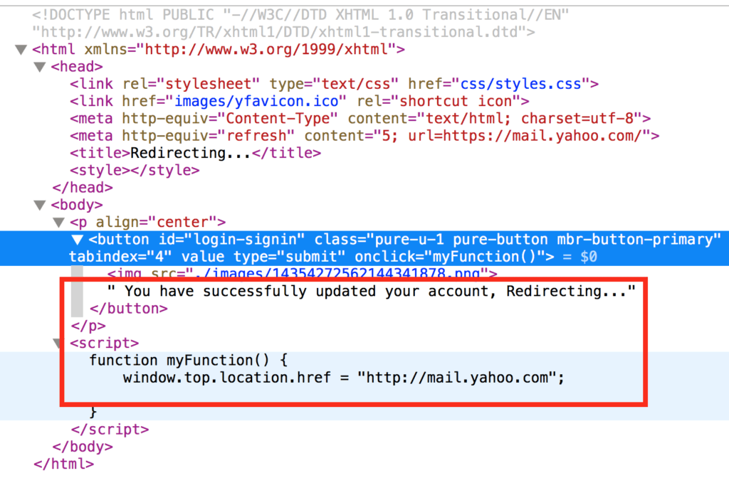 A screenshot image of the fake Yahoo redirect code