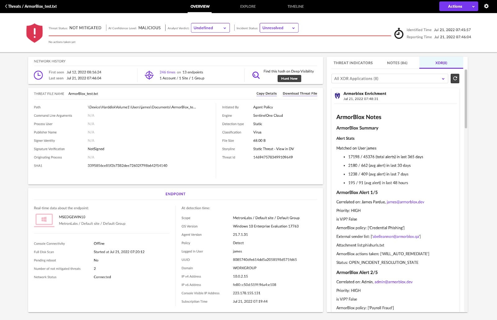 SentinelOne Singularity XDR console with Armorblox Enrichment